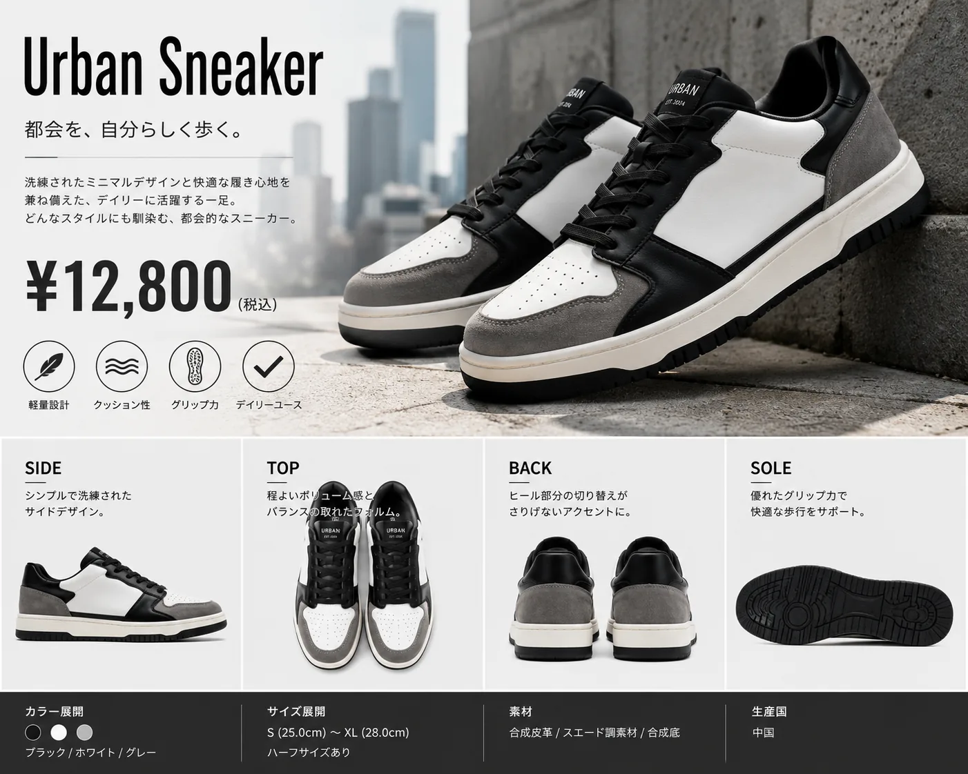Urban Sneaker 黒と白とグレーのスニーカー